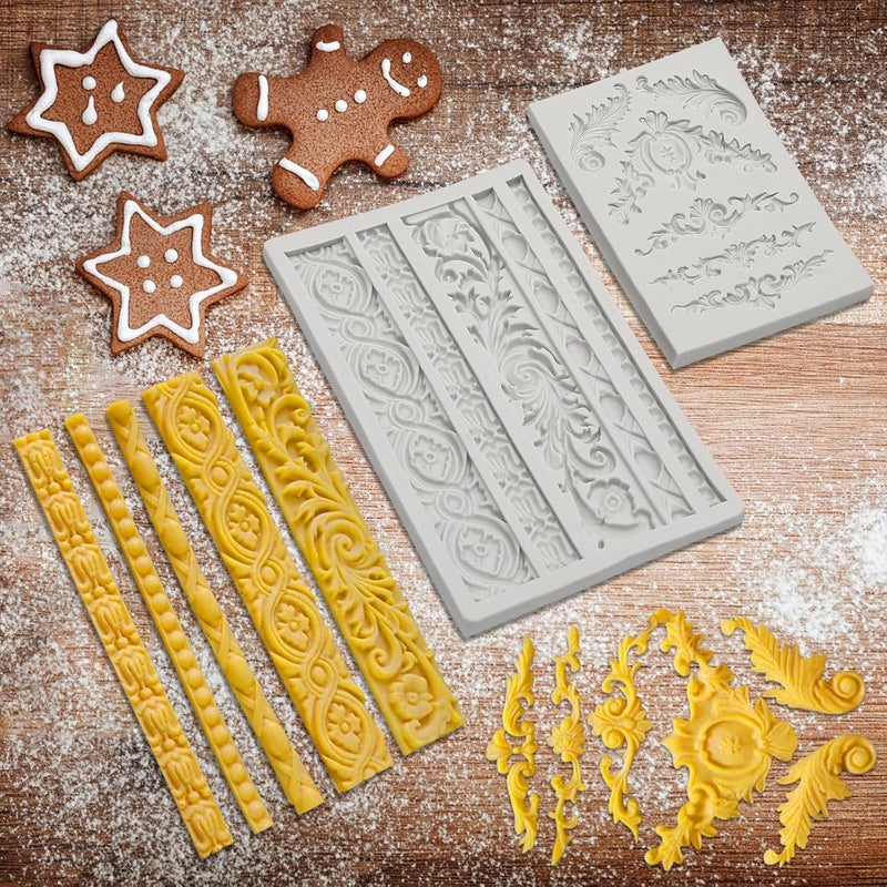 Pofflujent 4 Pcs Baroque Style Silicone Molds Curlicues Scroll Lace Fondant Molds Relief Flower Mould Filigree Mold 3D Sculpted for Gummy Sugar, Cupcake Topper, Polymer Clay, Crafting Projects - Image 4